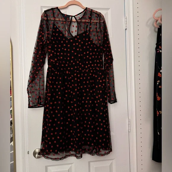 Modcloth Sheer Black Dress with Embroidered Red Hearts - Picture 2 of 9